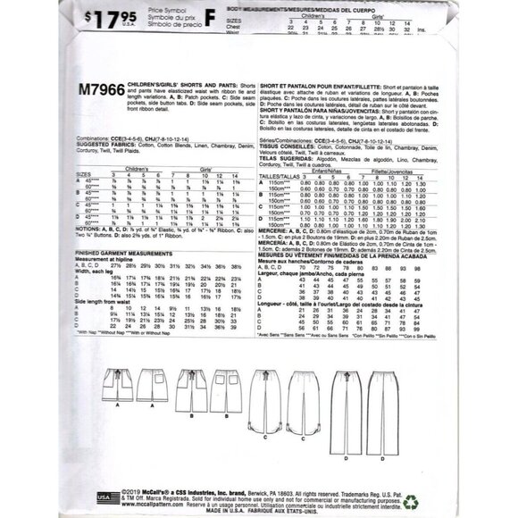 McCall's M7966 Toddler Girls 3 to 6 Shorts and Pants Uncut Learn to Sew Pattern - Picture 2 of 2